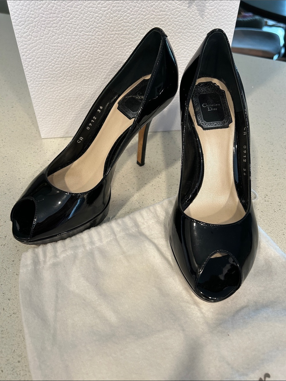 Christian Dior Black Patent Peep Toe Platform Pumps Heels EU 36 Dust Bag - Picture 13 of 14